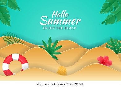 Summer background in paper cut style with pool floats, starfish and tropical plants. Beach background suitable for Summer.