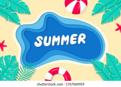 Summer background paper style. Summer background on the sea with beach balls, starfish and tropical leaves.