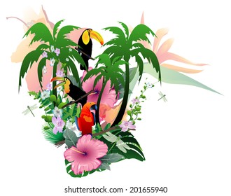 Summer background with parrot and coutan