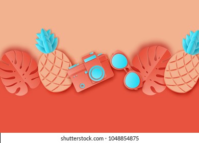 Summer Background In Pastel Colors. Paper Cut Retro Photo Camera, Sunglasses, Pinapple And Tropical Palm Leaves. Summer Vacation Concept