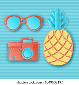 Summer Background In Pastel Colors. Paper Cut Retro Photo Camera, Sunglasses And Pinapple On Striped Background. Summer Vacation Concept