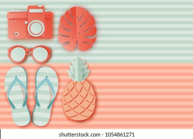 Summer background in pastel colors. Paper cut  sunglasses, retro photo camers, pineapple, slippers, palm leaf, striped beach towel. Summer vacation concept