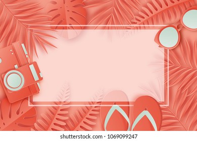 Summer background in pastel colors. Paper cut retro photo camera, sunglasses, slippers, monstera palm leaf. Summer vacation concept