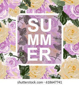 Summer background with pastel rose flowers, design element. Can be used for cards, scrapbooking, print, posters, flyers, textile design, banners, manufacturing. Decorative flowers in watercolor style
