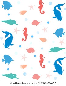 Summer background pattern. Sea, ocean, marine theme. Cute pattern with corals, fishes, stars, shells and bubbles.