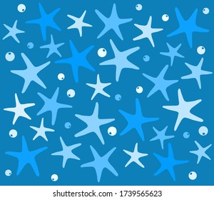 Summer background pattern. Sea, ocean, marine theme. Cute pattern with sea  stars and bubbles.