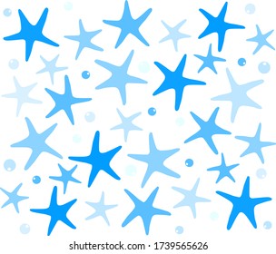 Summer background pattern. Sea, ocean, marine theme. Cute pattern with sea  stars and bubbles.