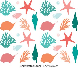 Summer background pattern. Sea, ocean, marine theme. Cute pattern with corals, fishes, stars, shells and bubbles.