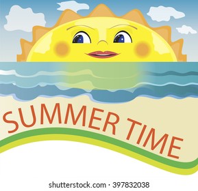 Summer background, peeking cartoon sun. Vector illustration.