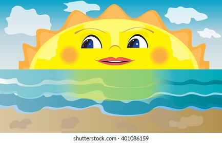 Summer background, peeking cartoon sun. Vector illustration.