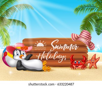Summer background with penguin relaxing