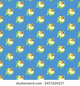 Summer background peonies bee Blue seamless pattern spring white green meadow flower ornament wrapping fabric wallpaper chintz cambric muslin template