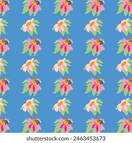Summer background peonies bee Blue seamless pattern spring pink meadow flower ornament Pattern wrapping fabric wallpaper chintz cambric muslin
