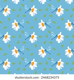 Summer background peonies dragonfly Blue seamless pattern spring white meadow flower  ornament wrapping fabric wallpaper chintz cambric muslin mosaic
