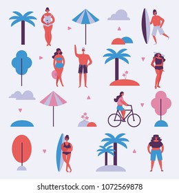 Summer background with people on the beach in the flat style