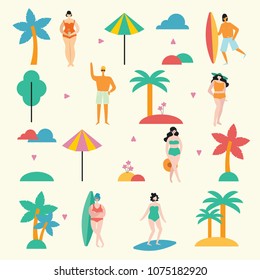 Summer background with people on the beach in the flat style