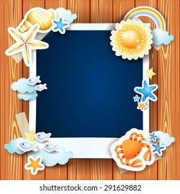 Summer background with photo frame and shells, vector illustration 