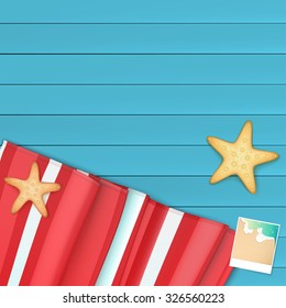 Summer background with photo, starfishes and copyspace, vector illustration