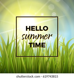 Summer background with phrase Hello summer time. Design for posters, t-shirts, cards, invitations, stickers, banners, advertisement. Vector illustration.