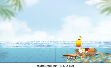 Summer background with picnic food,cold cocktail drinks on wood table with clouds on blue sky and blurry coconut palm leaves on border.Summer tropical sea holiday vacation concept 
