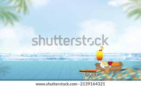 Summer background with picnic food,cold cocktail drinks on wood table with clouds on blue sky and blurry coconut palm leaves on border.Summer tropical sea holiday vacation concept 