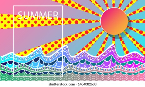 The summer background picture of the sea wave and the sun in the modern fashion futuristic geometric fabric pattern style. ( vector )