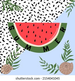summer background with a piece of watermelon palm branches shell and abstract texture spots in the background