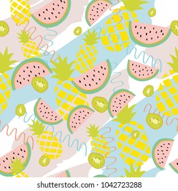 Summer background with pineapple, watermelon, and kiwiA playful, modern, and flexible pattern. The art vector graphic can be repeated.