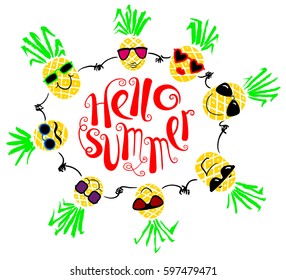 Summer background with pineapples. Hello Summer lettering. Background with smiling pineapple characters in sunglasses  holding hands. Vector seasonal poster