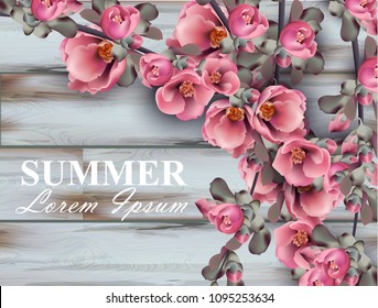 Summer background with pink flowers branches on wooden background. Vector realistic 3d floral bouquets