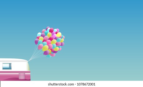Summer background - Pink retro van with bunch of colorful balloons