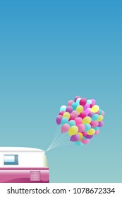 Summer background - Pink retro van with bunch of colorful balloons 2-3 aspect ratio