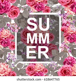 Summer background with pink rose flowers, design element. Can be used for cards, scrapbooking, print, posters, flyers, textile design, banners, manufacturing. Decorative flowers in watercolor style