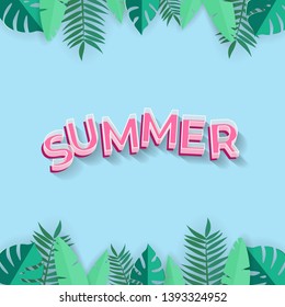 Summer background with pink text and tropical  leafs - paper art on blue background vector illustration