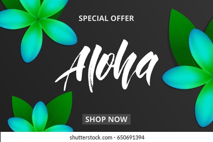 Summer background with plumeria flowers and lettering Aloha for promotion, discount, sale, web