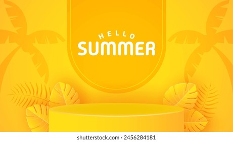 Podio de fondo de verano con hojas amarillas. Fondo de verano en estilo de papel artesanal. corte de papel y estilo artesanal. Vector.