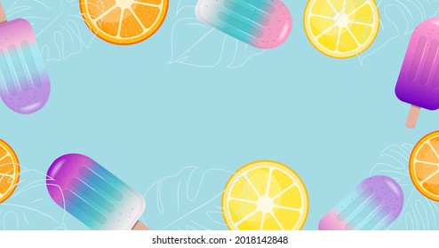 Summer background with popsicles, citrus slices and decorative monstera leaves. Horizontal layout banner design with space for text. Vector illustration