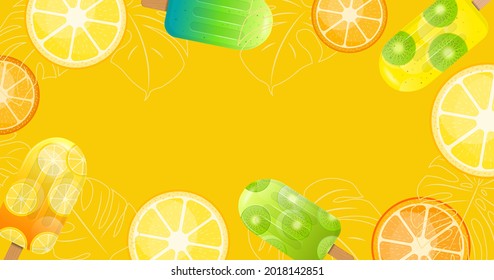 Summer background with popsicles, citrus slices and decorative monstera leaves. Horizontal layout banner design with space for text. Vector illustration