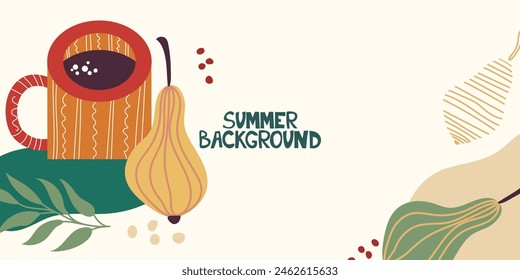 Summer Background, poster, banner. Abstract fruit pear, leaves and a cup of drink. Summer time fun concept design. Vector illustration
