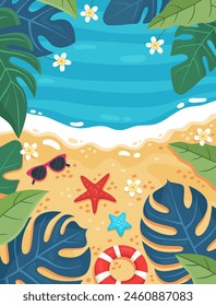 Summer background for poster banner, postcard, flyer, invitation. Sea coast, sandy beach. Lifebuoy, starfish, sunglasses. Leaves of tropical plants, flowers. Vacation travel concept.