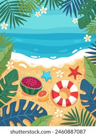 Summer background for poster banner, postcard, flyer, invitation. Sea coast, sandy beach. Leaves of tropical plants, flowers. Vacation travel concept. Lifebuoy, watermelon, fruits, starfish.