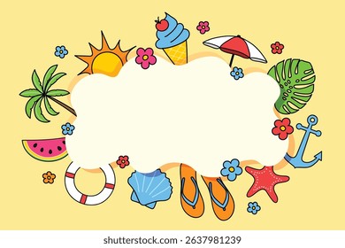 Summer background. Poster with colourful hand drawn holiday symbols. Vector illustration 