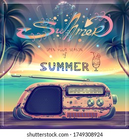 Summer background poster with lettering, palm trees, sun lights, sunset landscape, retro radio receiver on a beach. Night party season banner for music event. Vector illustration.