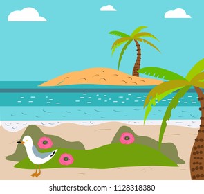 Summer background, poster in retro style with the sea, palm trees and seagulls. Vector flat hand drawn