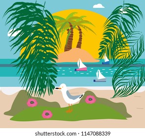 Summer background, poster in retro style with seagulls. Vector flat hand drawn, bird