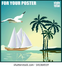Summer background, poster in retro style with the sea, palm trees and seagulls. Vector