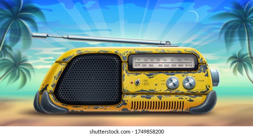 Summer background poster with yellow radio receiver on a beach over sea, palm trees and blue sky. Beautiful landscape with retro vintage old music sound recorder device over sun and seascape.