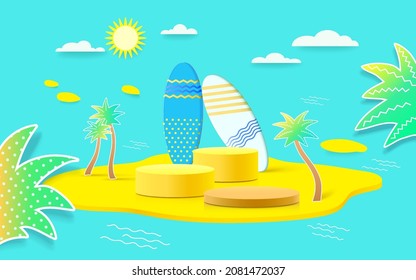 Summer background product display scene with surfboard. sky cloud background on the ocean display.