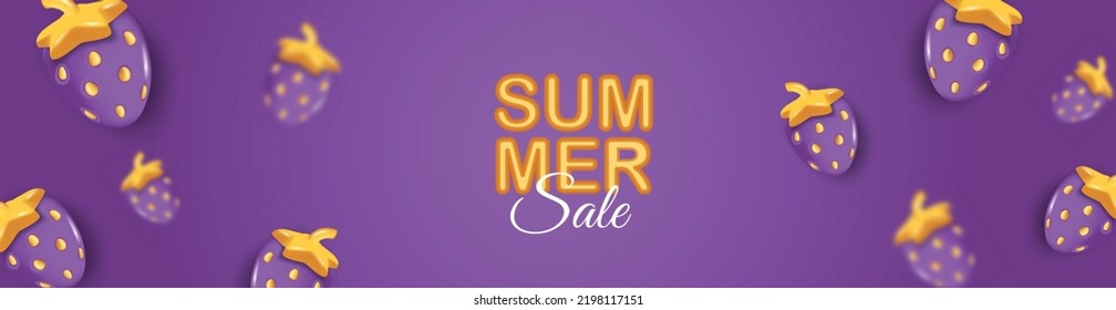 Summer background with purple strawberry. Banner, shop promotion, sale design. Realistic 3d vector