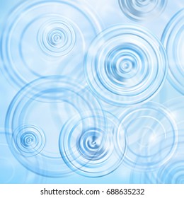 Summer background. Radial waves from a rain on water. Texture of water surface. Overhead view. Circles and rings on the puddle. Vector illustration nature background.